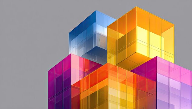 Translucent, colorful cubes are stacked against a plain grey background