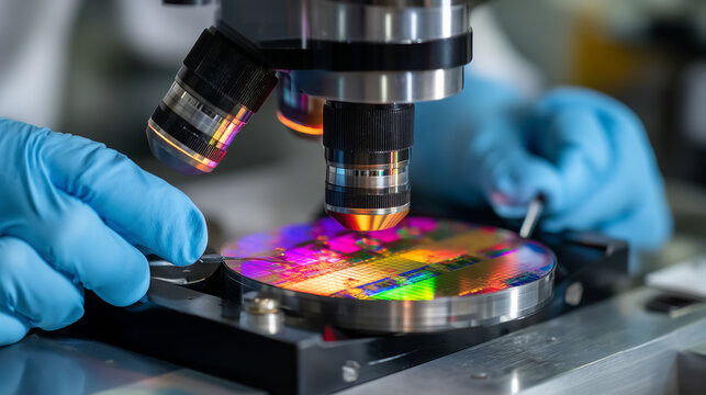 Semiconductor wafer reflecting rainbow patterns as gloved hands position it under microscopic inspection equipment in controlled fabrication facility, ideal for microchip technolog
