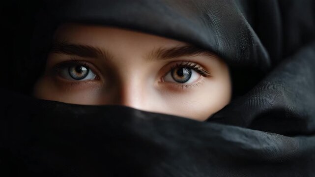 Anonymous female portrait with covered face, dramatic eyes in black veil, dark cinematic fashion, mystery and elegance concept, close up beauty image anonymous woman, black veil