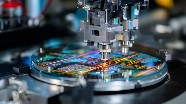 Silicon wafer etching process showing microscopic circuitry patterns under ultraviolet exposure as automated systems transfer materials through fabrication stages, perfect for chip