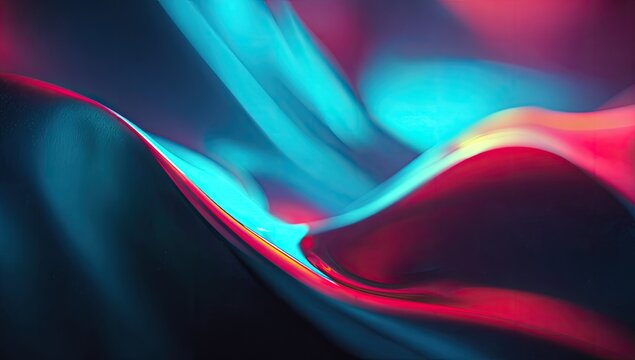 Abstract fluid forms with vibrant neon red and cyan light reflections