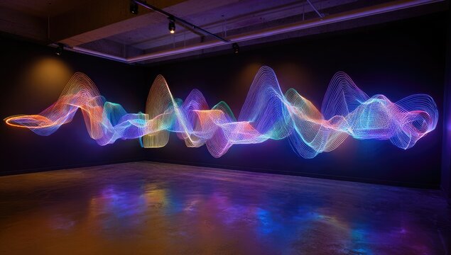 Abstract light sculpture with flowing, wave-like forms projected on a dark wall