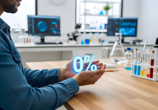 Man holding zero percent hologram in laboratory with science equipment in the background