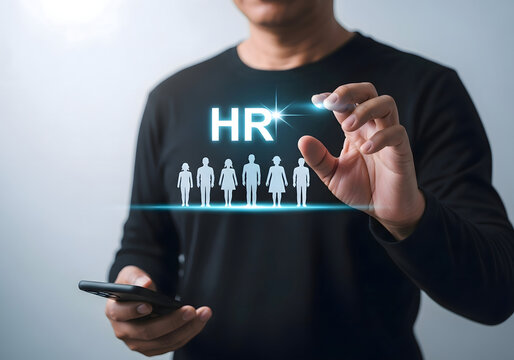 Man in black shirt using smartphone with hr text and people icons hovering above his chest area