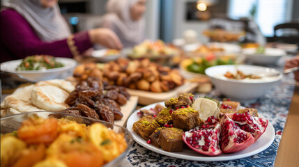 Obraz premium Extended family gathering around festive table laden with traditional sweets and savory dishes celebrating Eid al-Fitr in decorated home, perfect for cultural celebration togethern