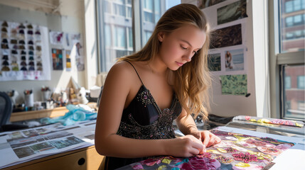 Fototapeta premium Fashion design student hand-stitching delicate beadwork onto silk evening gown panel in sunlit studio workspace surrounded by fabric swatches and sketching materials, perfect for e
