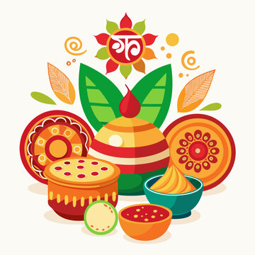 Pohela Boishakh celebration items including hand fan (pankha), red-white bangles, and rustic earthenware, neatly arranged with subtle shadows on white background, minimal aesthetic, high detail studio