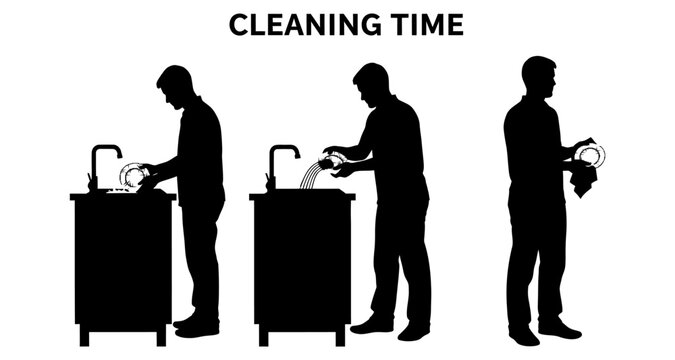 Man washing dishes in sink sequence during cleaning time for household chores