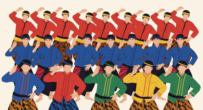 Group of men in traditional Indonesian attire performing a dance
