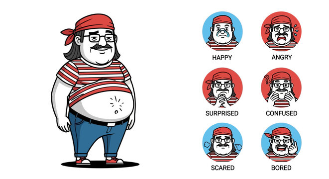 Cartoon overweight man character mascot with various facial expressions and emotions set
