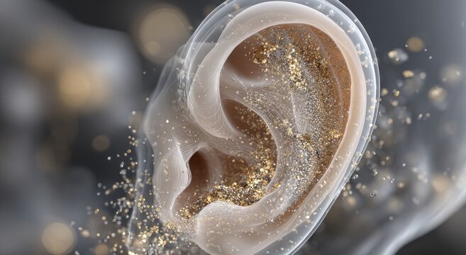 Close-up 3D rendering of a translucent ear filled with sparkling golden particles