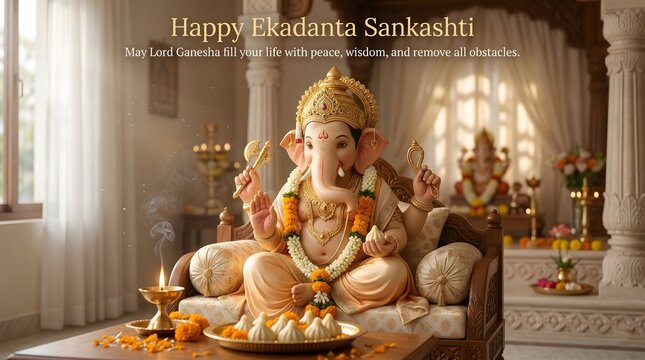 Happy Ekadanta Sankashti Poster Lord Ganesha Festival Celebration, Sankashti Chaturthi Greeting, Hindu Devotional Banner, Spiritual Social Media Design