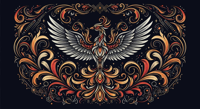 Ornate phoenix bird with fiery decorative pattern on dark background