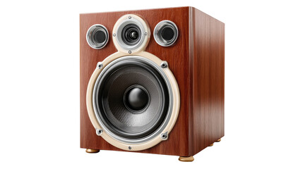 Fototapeta premium Elegant Sound Box: A detailed view of a classic wood audio speaker, showcasing the precision engineering and timeless aesthetic of high-fidelity sound reproduction.