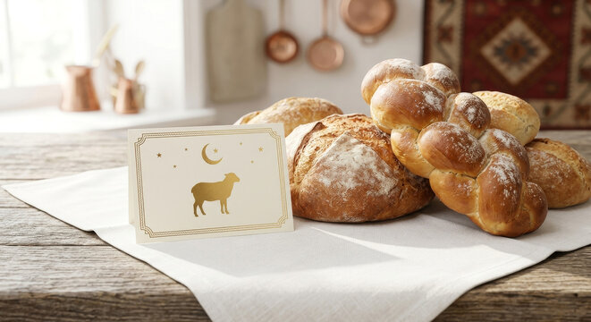 AI-generated bread loaves and card on rustic table
