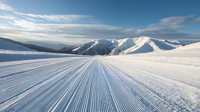 Empty Ski Slope with Fresh Groomed Snow