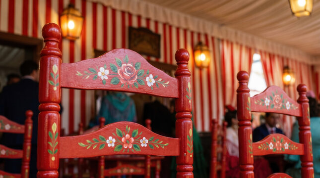 Traditional Andalusian chairs inside Seville fair caseta with decor