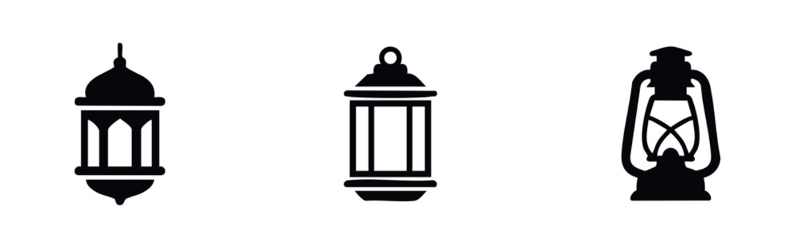 Set of three black Islamic lanterns silhouettes on white background