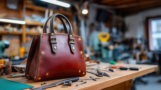 Artisan craftsmanship workshop scene showing leather handbag construction with gold hardware pieces hand tools and vegetable-tanned hide materials on workbench under focused task l