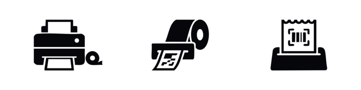 Three black icons for printing and ticketing on white background
