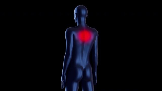 3D animation of male figure from back with red pain zone in thoracic area. Conceptual visualization of upper back pain, muscle strain or scapular discomfort.