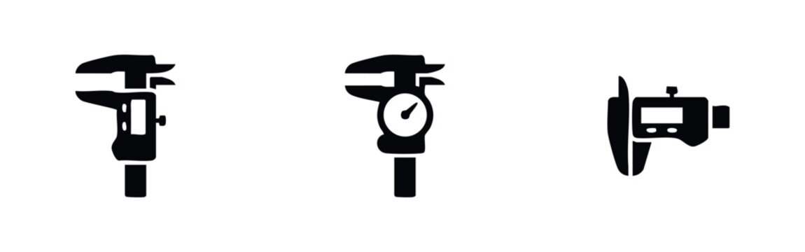 Three black icons of calipers for measurement on white background