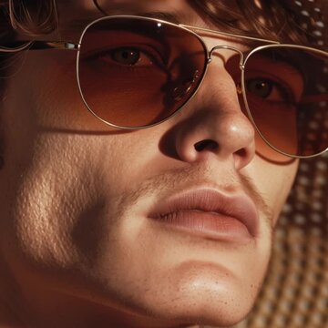 Man's intense close-up video portrait with stylish aviator sunglasses and a textured straw hat, dynamic shadows playing across his freckled face, creating an intriguing motion clip.
