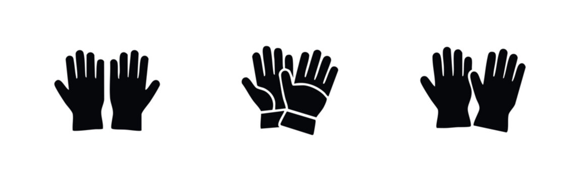 Set of three black icons showing pairs of hands wearing gloves