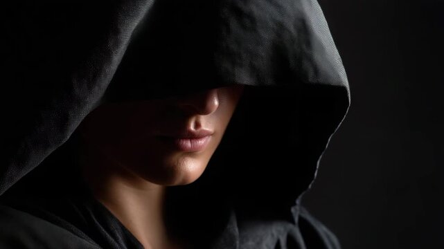 Dark hooded character portrait, cinematic cloaked figure in shadows, gothic fantasy mood, mysterious face under robe, dramatic low key lighting dark hooded character, cloaked