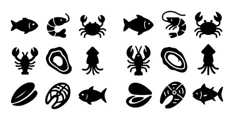 Obraz premium Seafood icons depicting shells and fish on white background