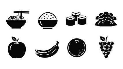 A collection of simple black silhouette icons depicting various foods including fruits sushi and noodles © MDTauhidul