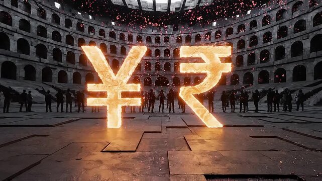 Asian Economic Rivalry and BRICS Currency Dynamics, Fiery Chinese Yuan and Indian Rupee Formations in Cinematic Financial Arena