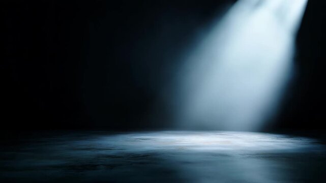 Dramatic spotlight in smoky dark room, empty stage background, cinematic misty interior, abstract illuminated floor, mysterious atmosphere for presentation or theater spotlight