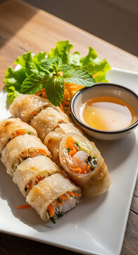 Crispy golden-brown Vietnamese fried spring rolls, also known as chả gi&ograve; or nem r&aacute;n, served on a white rectangular plate with fresh lettuce, mint, and a side of traditional dipping sauce.