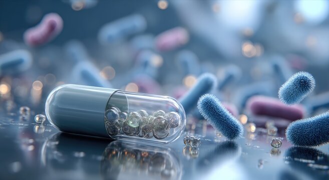 A single transparent capsule rests on a reflective surface surrounded by many bacilli