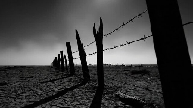 Black and white shot of a weathered fence on cracked earth under a cloudy sky symbolizing desolation and boundaries