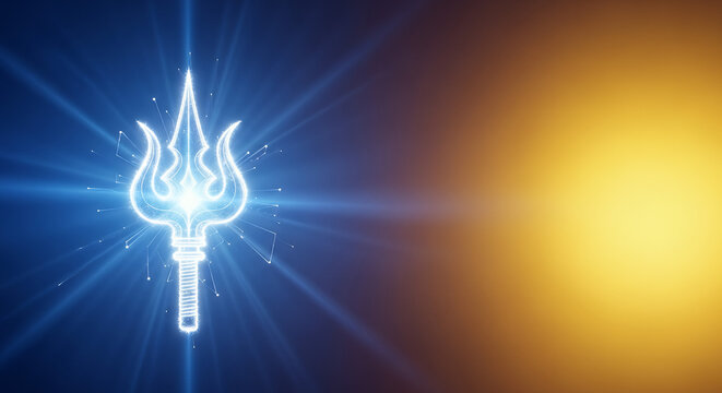 Vaikasi Visakam, gradient blue to gold, glowing Vel (spear) symbol embedded on left background
