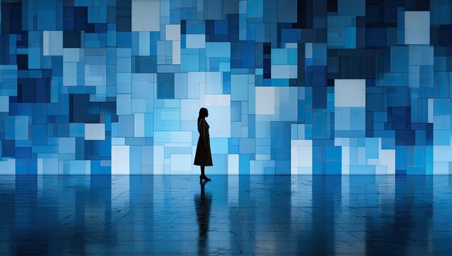 Solitary figure contemplates a vast, luminous digital mosaic of blue and white squares