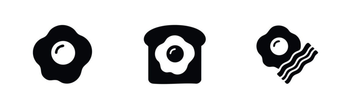 Breakfast icons: fried egg, toast with egg, fried egg and bacon silhouettes