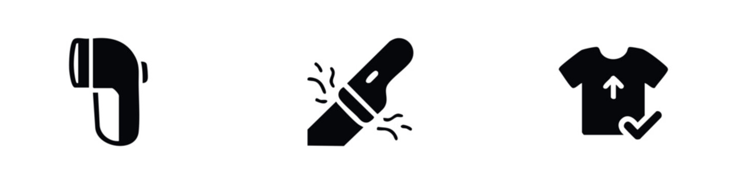 Three black silhouette icons of fabric shaver and shirt