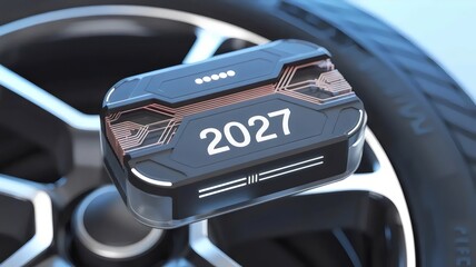 Obraz premium Smart tire sensor hub with 2027 display – Ideal for automotive safety or intelligent transport.