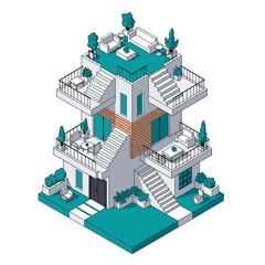 Naklejka premium A modern multi-level house with balconies.