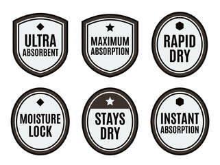 Obraz premium Absorbent product packaging emblem set: certification stamps for moisture lock and rapid dry
