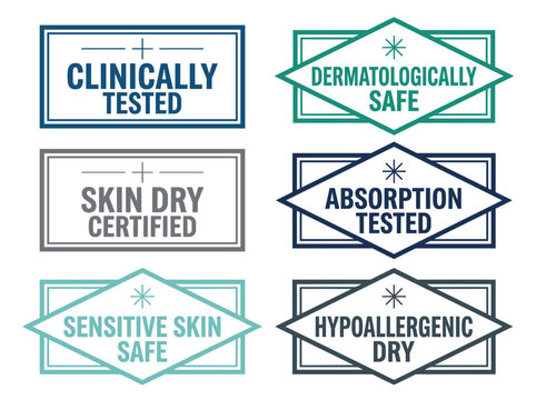 Clinical certification emblem set for cosmetic packaging with dermatologically tested and hypoallergenic seals