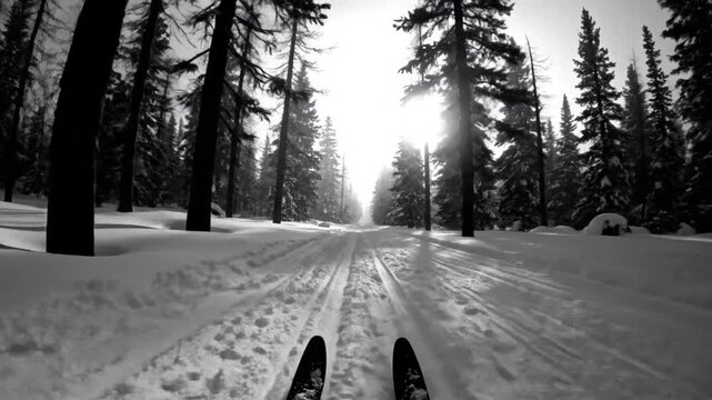 Black and white view of person cross-country skiing through snowy winter forest, sunny day