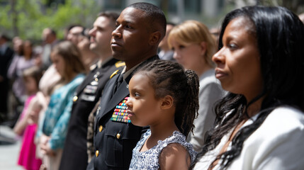 Fototapeta premium Diverse military families gathered at spring ceremony, children in Sunday dress, solemn and proud crowd, bright daylight