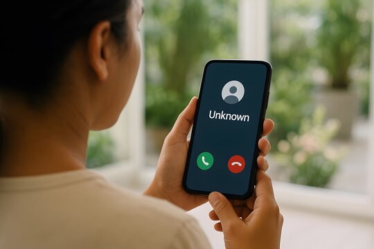 Person holds a smartphone displaying an "unknown" caller id with green answer and red decline buttons, indicating an unsolicited or unidentified incoming phone call.