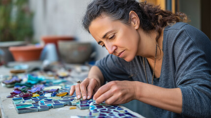 Fototapeta premium Middle-aged Latina woman carefully placing mosaic tiles on outdoor wall, bright April morning light, colorful ceramic pieces scattered around her workspace