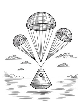 Spacecraft landing on water with three parachutes deployed slowly  descent