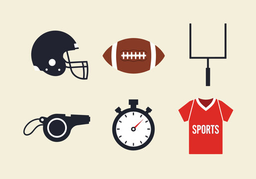 A collection of American football equipment and accessories, including a helmet, ball, goalpost, whistle, stopwatch, and jersey.
